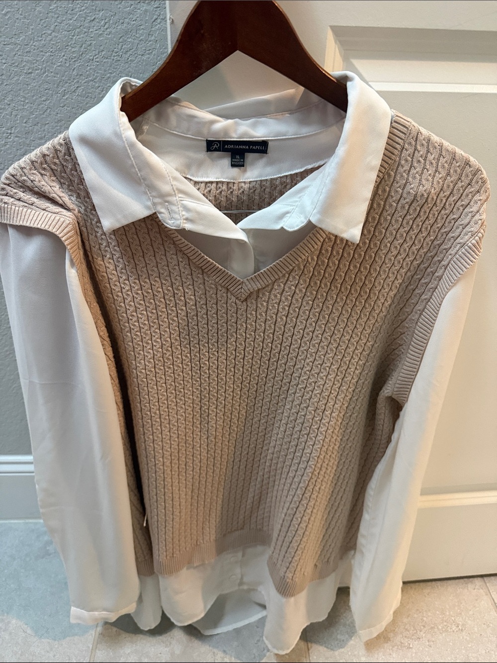 Adrianna Papell Beige Knit V-Neck Sweater Vest with White Blouse Layer